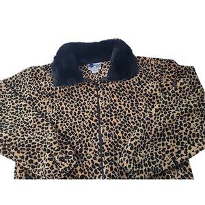 Vtg Ocean East Fleece Jacket Women’s M Leopard Print Faux Fur Collar Zip Up